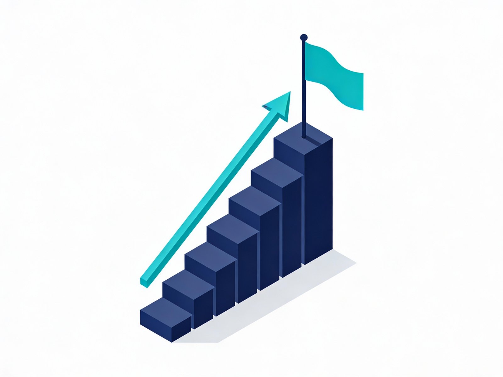 Bar chart transforming into stairs leading to a teal flag.