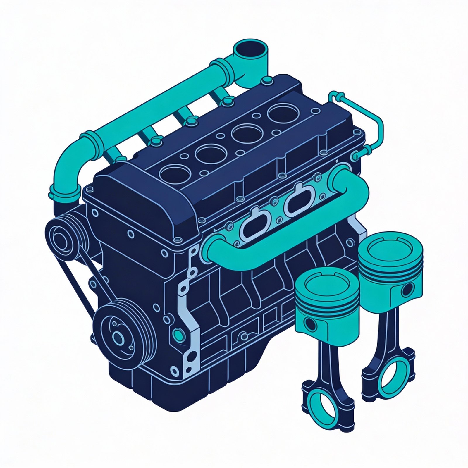 Minimalist blue and teal car engine block.
