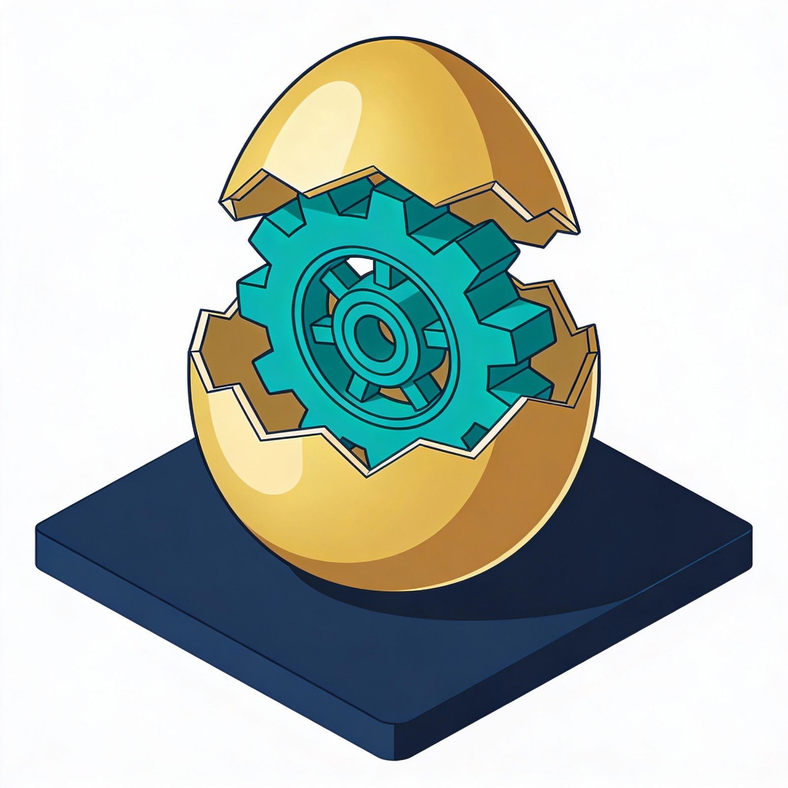 A golden egg cracking open to reveal a teal mechanical gear inside.