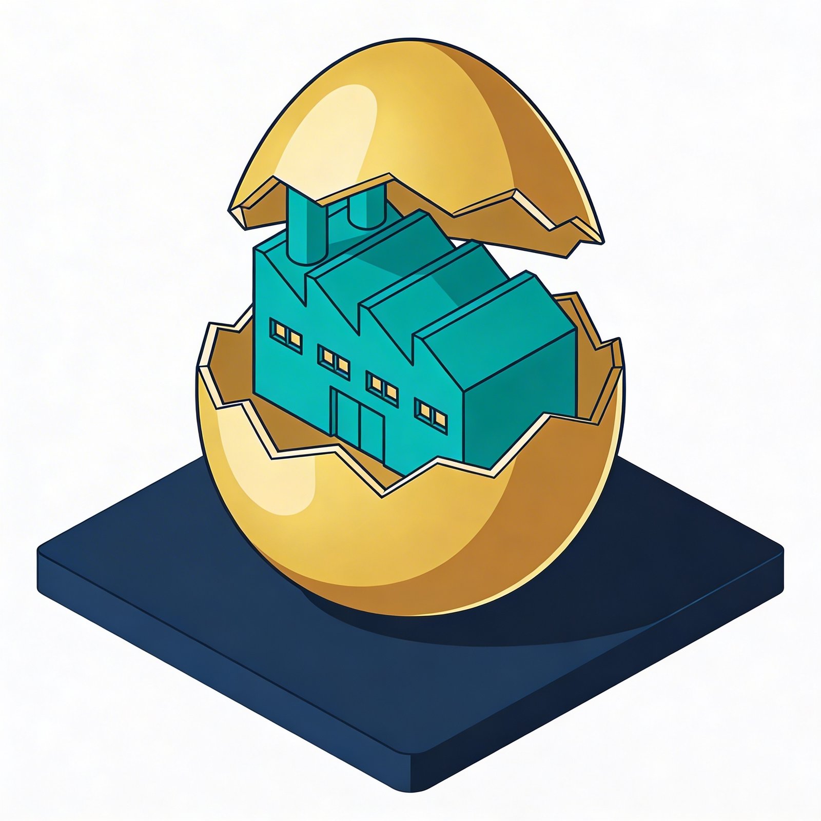 A golden egg cracking open to reveal a teal mechanical gear inside.