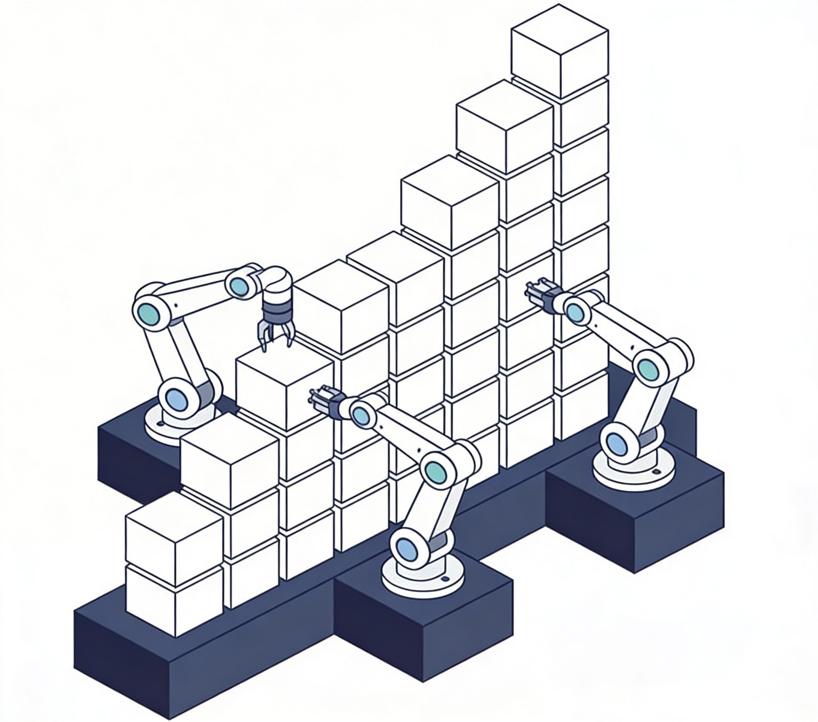 Isometric vector illustration of three robotic arms systematically assembling a structure of white building blocks on solid navy blue platforms.