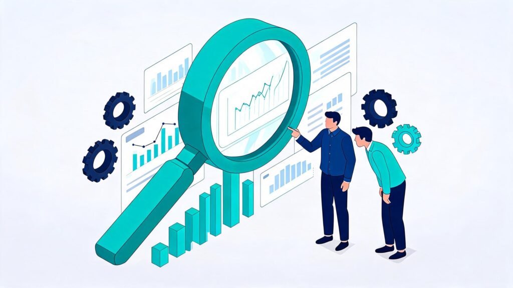Two business people reviewing performance drivers under a magnifying glass with charts and growth bars.