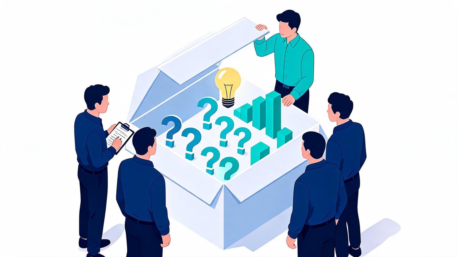 Business casual team opening a box of question marks and business insights, representing endless curiosity in a scale-up.