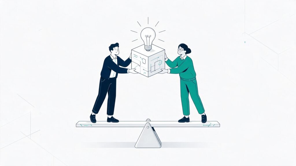 Illustration representing the co-sourcing a hybrid team with an internal manager and an external specialist perfectly balanced on a seesaw.