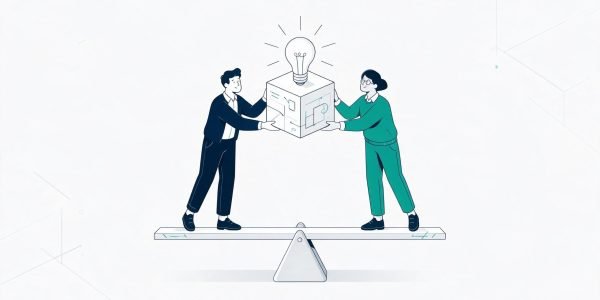 Illustration representing the co-sourcing a hybrid team with an internal manager and an external specialist perfectly balanced on a seesaw.