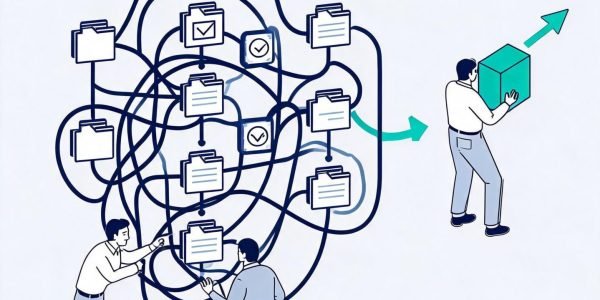 Illustration of operational debt in a growing business, with tangled processes and team members trying to untangle them.