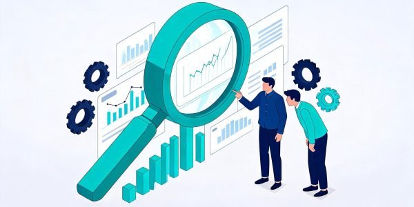 Two business people reviewing performance drivers under a magnifying glass with charts and growth bars.