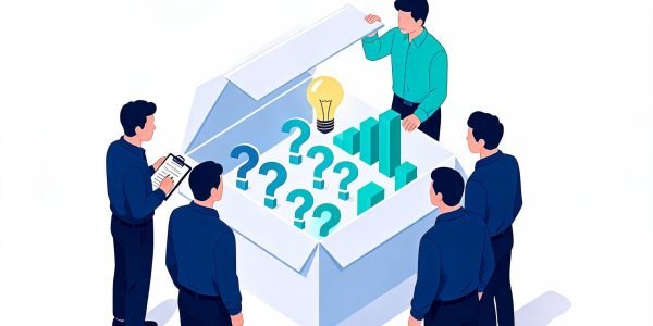 Business casual team opening a box of question marks and business insights, representing endless curiosity in a scale-up.