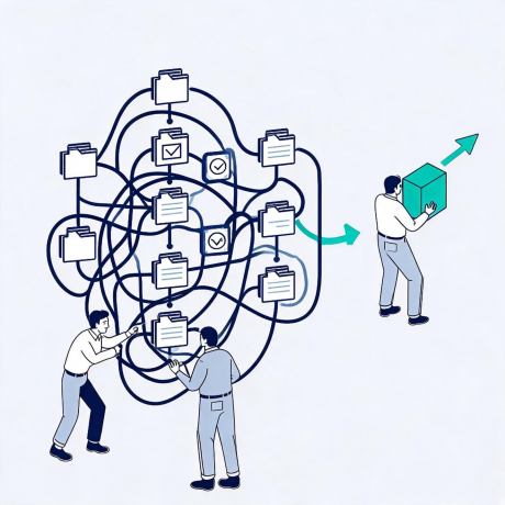 Illustration of operational debt in a growing business, with tangled processes and team members trying to untangle them.